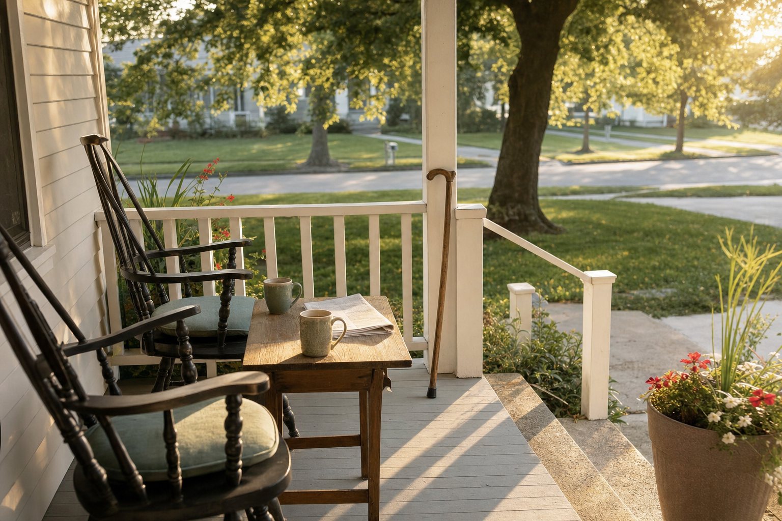 A sunny front porch in the morning, two coffee mugs on a small table and a cane leaning on the railing.